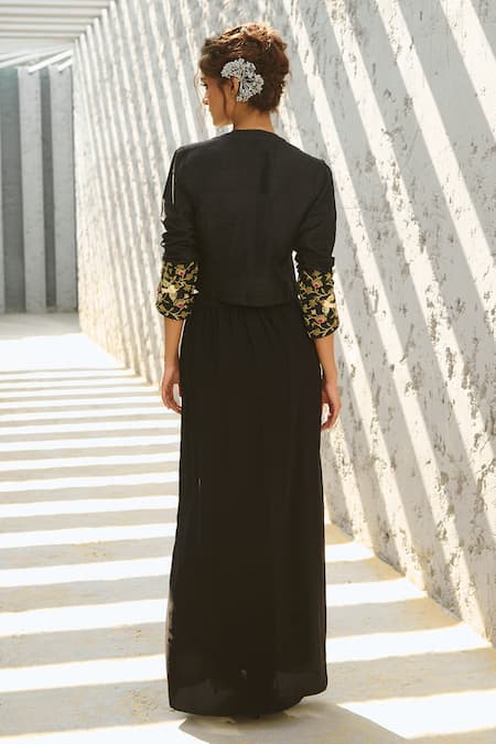 Chamee And Palak Black Silk, Crepe Embroidery V-neck, Zardozi Embellished Jacket And Skirt Set Online at Aza Fashions Chamee And Palak_Black Silk, Crepe Embroidery V-neck, Zardozi Embellished Jacket And Skirt Set _Online_at_Aza_Fashions