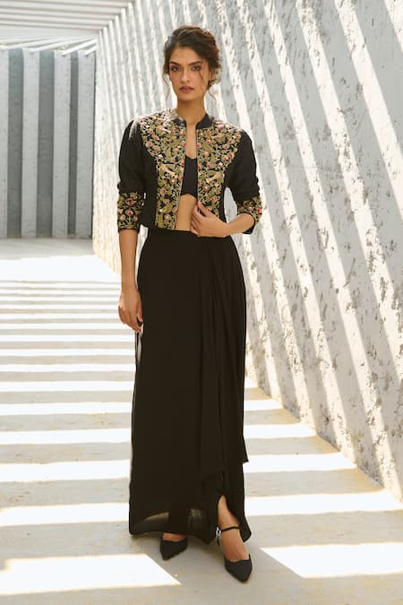 Buy Chamee And Palak Black Silk, Crepe Embroidery V-neck, Zardozi Embellished Jacket And Skirt Set Online at Aza Fashions Buy_Chamee And Palak_Black Silk, Crepe Embroidery V-neck, Zardozi Embellished Jacket And Skirt Set _Online_at_Aza_Fashions