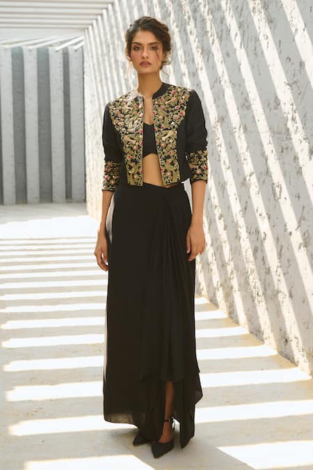 Shop Chamee And Palak Black Silk, Crepe Embroidery V-neck, Zardozi Embellished Jacket And Skirt Set Online at Aza Fashions Shop_Chamee And Palak_Black Silk, Crepe Embroidery V-neck, Zardozi Embellished Jacket And Skirt Set _Online_at_Aza_Fashions