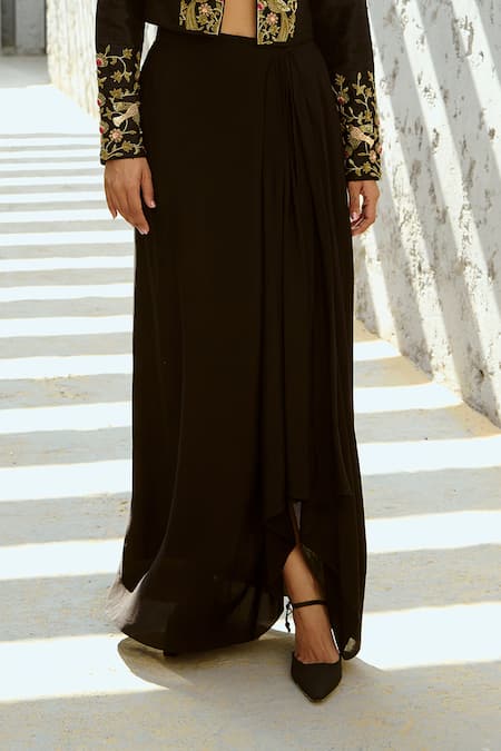 Chamee And Palak Black Silk, Crepe Embroidery V-neck, Zardozi Embellished Jacket And Skirt Set at Aza Fashions Chamee And Palak_Black Silk, Crepe Embroidery V-neck, Zardozi Embellished Jacket And Skirt Set _at_Aza_Fashions