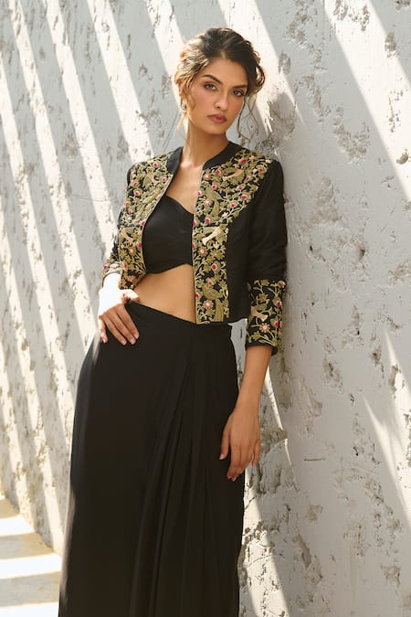 Buy Chamee And Palak Black Silk, Crepe Embroidery V-neck, Zardozi Embellished Jacket And Skirt Set Buy_Chamee And Palak_Black Silk, Crepe Embroidery V-neck, Zardozi Embellished Jacket And Skirt Set