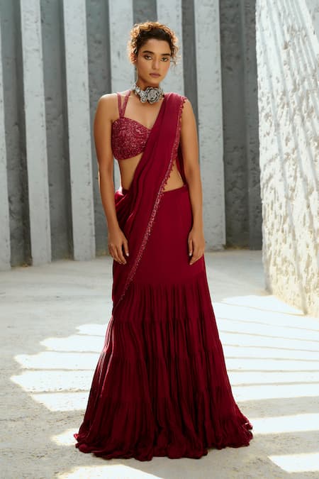 Chamee and Palak Deep Red Pre-Stitched Frill Lehenga Saree 