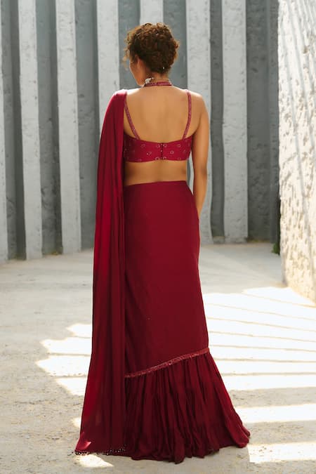 Chamee And Palak Deep Red Pre-Stitched Frill Lehenga Saree 