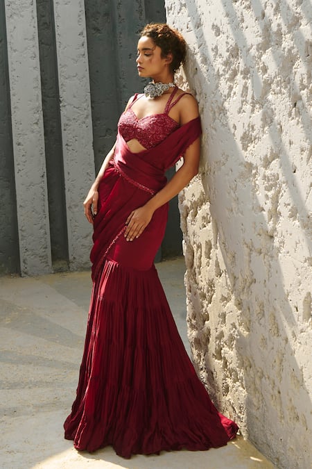 Shop_Chamee And Palak_Red Silk, Chiffon Sequins, Beads, Glitter Deep Pre-stitched Frill Lehenga Saree _Online_at_Aza_Fashions