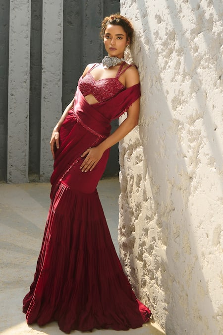 Buy_Chamee And Palak_Red Silk, Chiffon Sequins, Beads, Glitter Deep Pre-stitched Frill Lehenga Saree 