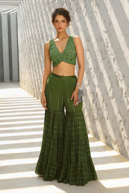 Buy_Chamee And Palak_Green Silk, Net, Georgette Sequins, Beads Embellished V Blouse And Sharara Set _Online_at_Aza_Fashions