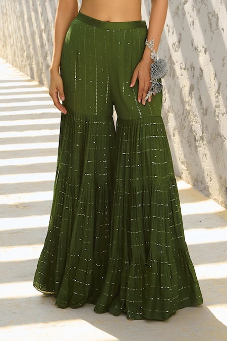 Shop_Chamee And Palak_Green Silk, Net, Georgette Sequins, Beads Embellished V Blouse And Sharara Set _Online_at_Aza_Fashions