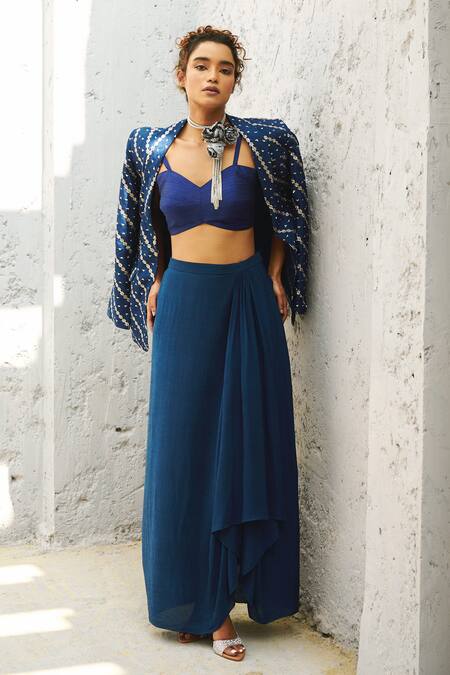 Shop Chamee And Palak Blue Silk, Crepe Zari Sweetheart Neck Embroidered Blazer And Skirt Set Online at Aza Fashions Shop_Chamee And Palak_Blue Silk, Crepe Zari Sweetheart Neck Embroidered Blazer And Skirt Set _Online_at_Aza_Fashions