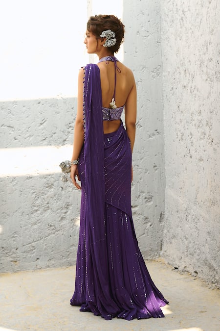 Buy_Chamee And Palak_Purple Silk, Georgette Sequins, Embroidered Pre-stitched Lehenga Saree And Blouse _Online_at_Aza_Fashions