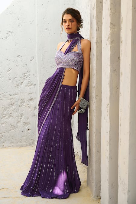 Shop_Chamee And Palak_Purple Silk, Georgette Sequins, Embroidered Pre-stitched Lehenga Saree And Blouse _Online_at_Aza_Fashions