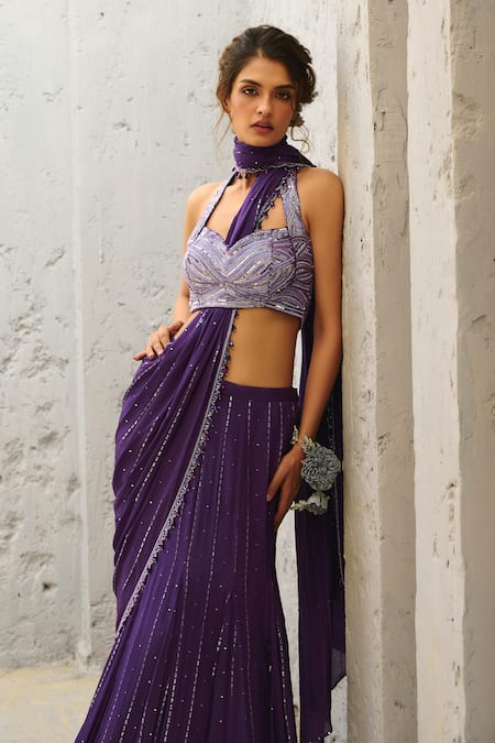 Chamee And Palak_Purple Silk, Georgette Sequins, Embroidered Pre-stitched Lehenga Saree And Blouse _at_Aza_Fashions