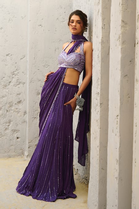 Buy_Chamee And Palak_Purple Silk, Georgette Sequins, Embroidered Pre-stitched Lehenga Saree And Blouse 