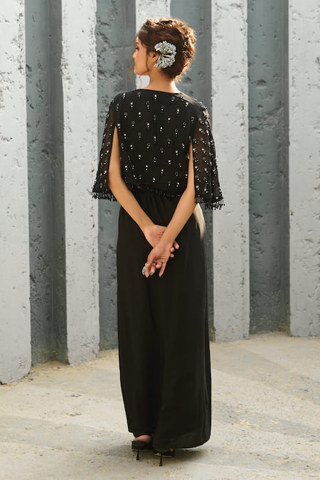 Chamee And Palak Black Organza, Crepe, Silk Crystals Sweetheart Neck Embellished Cape Skirt Set Online at Aza Fashions Chamee And Palak_Black Organza, Crepe, Silk Crystals Sweetheart Neck Embellished Cape Skirt Set _Online_at_Aza_Fashions