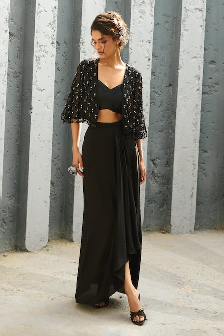 Shop Chamee And Palak Black Organza, Crepe, Silk Crystals Sweetheart Neck Embellished Cape Skirt Set Online at Aza Fashions Shop_Chamee And Palak_Black Organza, Crepe, Silk Crystals Sweetheart Neck Embellished Cape Skirt Set _Online_at_Aza_Fashions