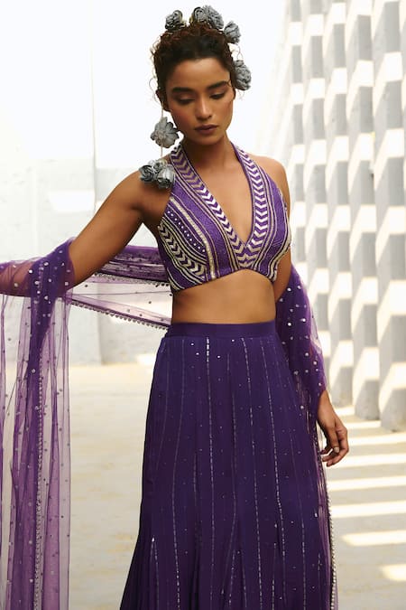 Buy Chamee And Palak Purple Silk, Net, Georgette Sequins, Beads Halter Neck Embroidered Lehenga Set Online at Aza Fashions Buy_Chamee And Palak_Purple Silk, Net, Georgette Sequins, Beads Halter Neck Embroidered Lehenga Set _Online_at_Aza_Fashions