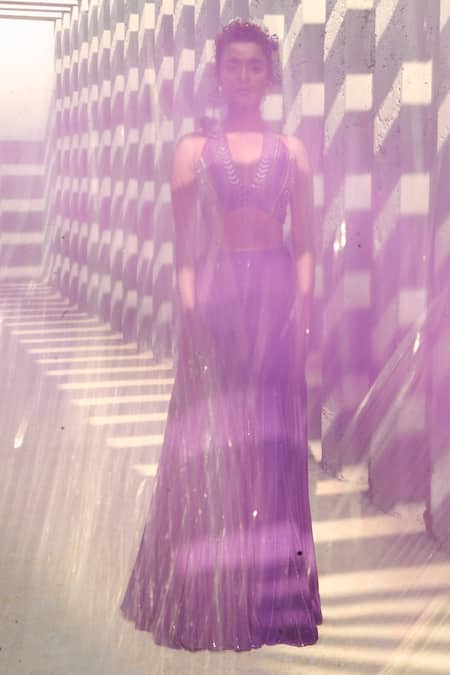 Shop Chamee And Palak Purple Silk, Net, Georgette Sequins, Beads Halter Neck Embroidered Lehenga Set Shop_Chamee And Palak_Purple Silk, Net, Georgette Sequins, Beads Halter Neck Embroidered Lehenga Set