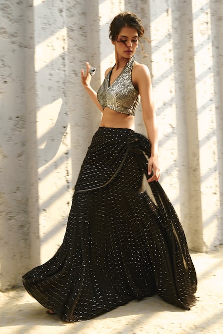 Buy_Chamee And Palak_Black Silk, Georgette Sequins, Beads Halter Embroidered Lehenga Saree And Blouse _Online_at_Aza_Fashions