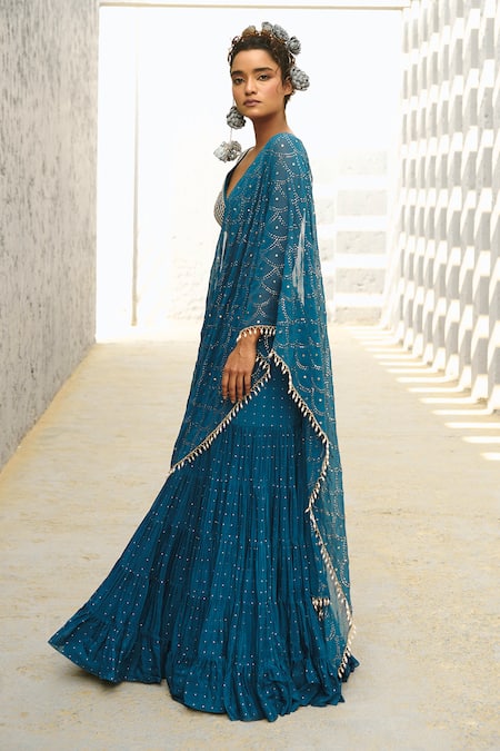 Buy_Chamee And Palak_Blue Georgette, Silk Zari, Beads Zardozi Embellished Pre-stitched Lehenga Saree _Online_at_Aza_Fashions