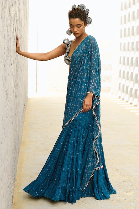Shop_Chamee And Palak_Blue Georgette, Silk Zari, Beads Zardozi Embellished Pre-stitched Lehenga Saree _Online_at_Aza_Fashions