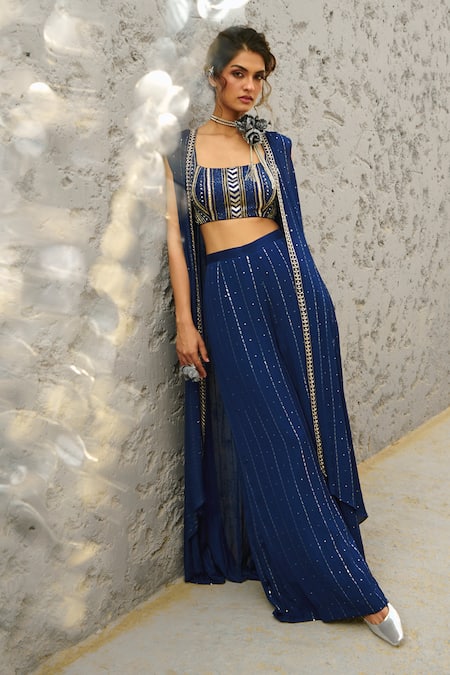 Buy Chamee And Palak Blue Silk, Georgette Sequins, Beads Square Galaxy Embellished Jacket Pant Set Buy_Chamee And Palak_Blue Silk, Georgette Sequins, Beads Square Galaxy Embellished Jacket Pant Set