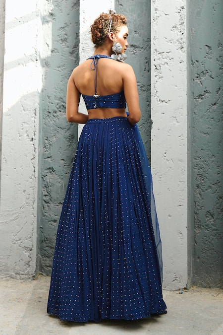 Chamee And Palak Blue Silk, Net, Georgette Sequins, Beads Halter Neck Embellished Lehenga Set Online at Aza Fashions Chamee And Palak_Blue Silk, Net, Georgette Sequins, Beads Halter Neck Embellished Lehenga Set _Online_at_Aza_Fashions