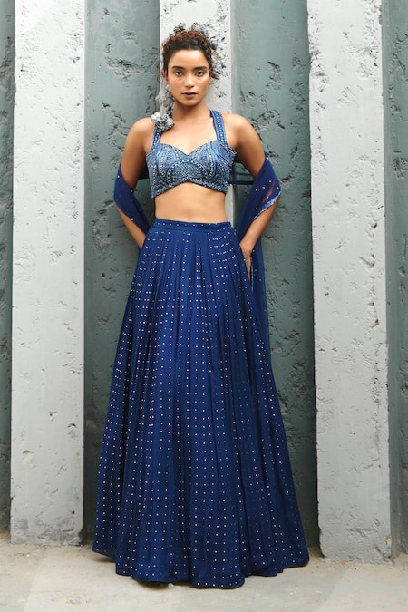 Shop Chamee And Palak Blue Silk, Net, Georgette Sequins, Beads Halter Neck Embellished Lehenga Set Online at Aza Fashions Shop_Chamee And Palak_Blue Silk, Net, Georgette Sequins, Beads Halter Neck Embellished Lehenga Set _Online_at_Aza_Fashions