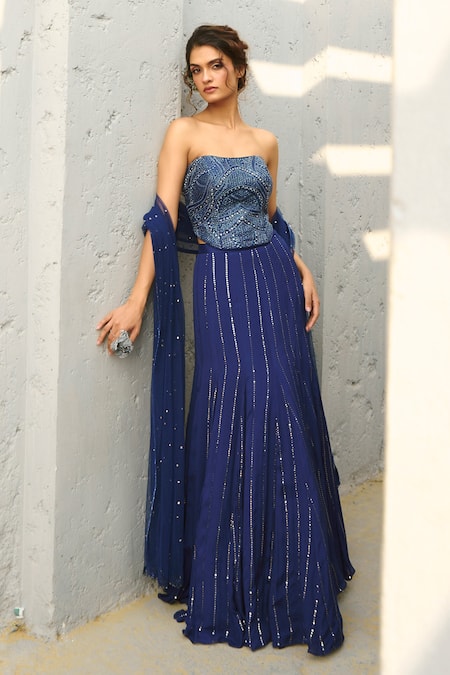 Buy_Chamee And Palak_Blue Georgette, Net, Silk Sequins, Beads Mermaid Embroidered Skirt Set _Online_at_Aza_Fashions