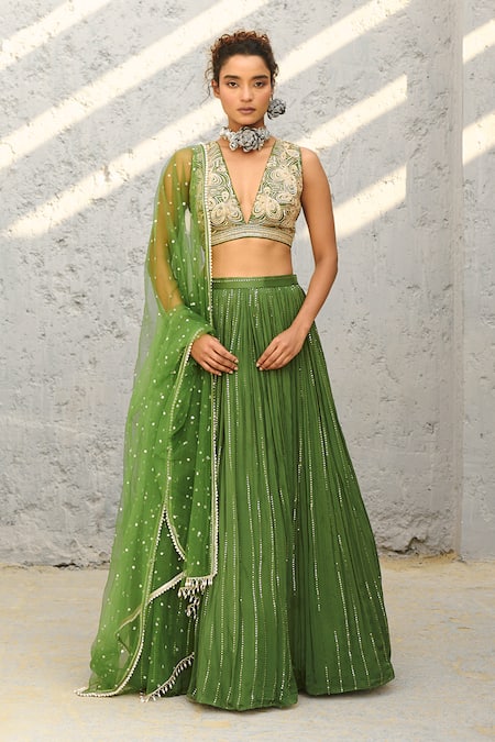 Buy Chamee And Palak Green Silk, Net, Georgette Sequins, Beads V-neck Embroidered Skirt Set Online at Aza Fashions Buy_Chamee And Palak_Green Silk, Net, Georgette Sequins, Beads V-neck Embroidered Skirt Set _Online_at_Aza_Fashions