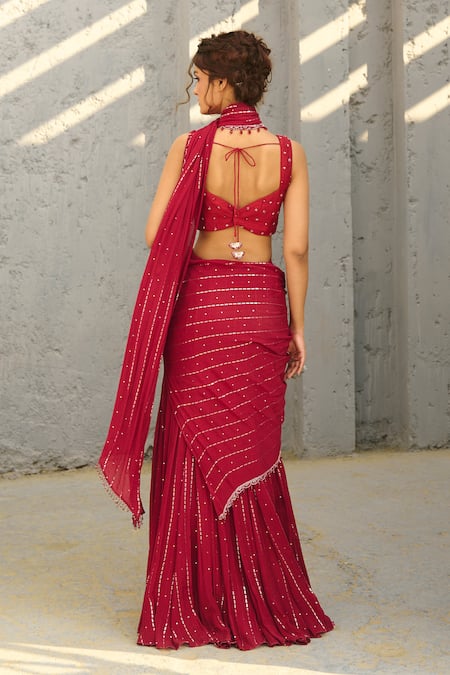 Chamee And Palak Red Embellished Pre-Stitched Lehenga Saree 