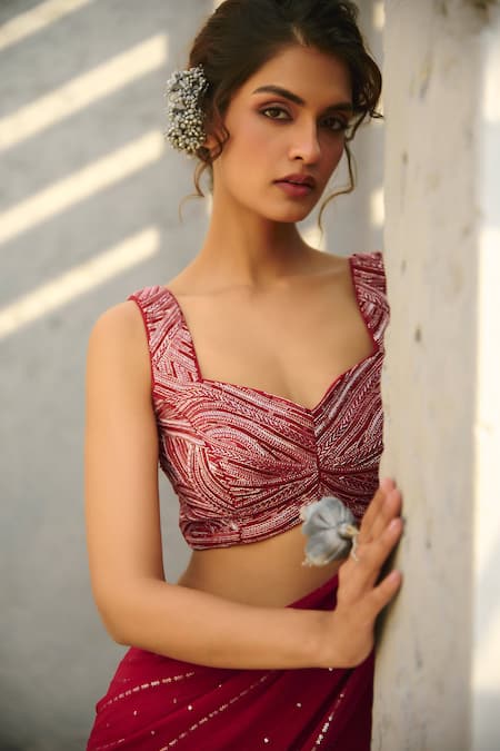 Chamee And Palak_Red Georgette, Silk Sequins, Beads Embellished Pre-stitched Lehenga Saree _at_Aza_Fashions