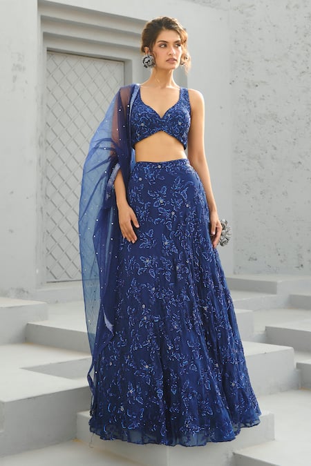 Buy Chamee And Palak Blue Silk, Organza, Net Sequins, Beads Floral Embroidered Lehenga Set Online at Aza Fashions Buy_Chamee And Palak_Blue Silk, Organza, Net Sequins, Beads Floral Embroidered Lehenga Set _Online_at_Aza_Fashions
