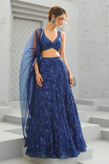 Shop Chamee And Palak Blue Silk, Organza, Net Sequins, Beads Floral Embroidered Lehenga Set Online at Aza Fashions Shop_Chamee And Palak_Blue Silk, Organza, Net Sequins, Beads Floral Embroidered Lehenga Set _Online_at_Aza_Fashions