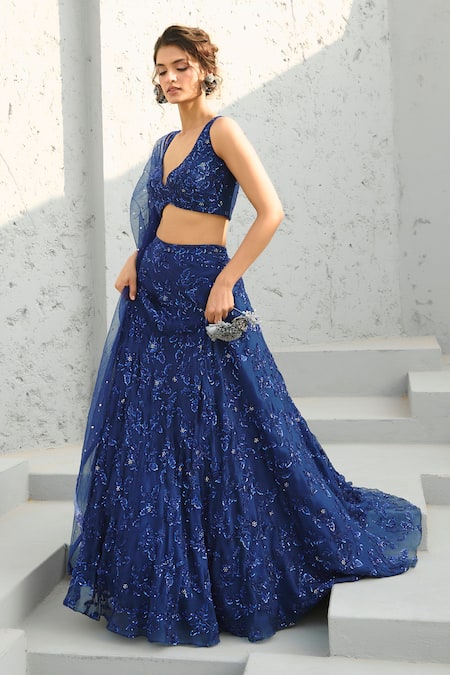 Chamee And Palak Blue Silk, Organza, Net Sequins, Beads Floral Embroidered Lehenga Set at Aza Fashions Chamee And Palak_Blue Silk, Organza, Net Sequins, Beads Floral Embroidered Lehenga Set _at_Aza_Fashions
