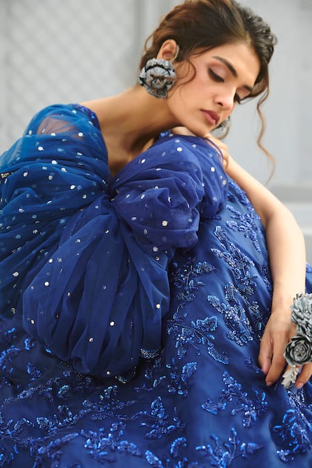 Shop Chamee And Palak Blue Silk, Organza, Net Sequins, Beads Floral Embroidered Lehenga Set Shop_Chamee And Palak_Blue Silk, Organza, Net Sequins, Beads Floral Embroidered Lehenga Set
