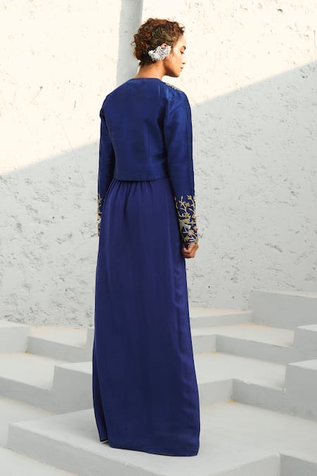 Chamee And Palak Blue Silk, Crepe Embroidery, Zari Scoop Deep Resham Embellished Jacket Set Online at Aza Fashions Chamee And Palak_Blue Silk, Crepe Embroidery, Zari Scoop Deep Resham Embellished Jacket Set _Online_at_Aza_Fashions