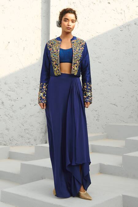Buy Chamee And Palak Blue Silk, Crepe Embroidery, Zari Scoop Deep Resham Embellished Jacket Set Online at Aza Fashions Buy_Chamee And Palak_Blue Silk, Crepe Embroidery, Zari Scoop Deep Resham Embellished Jacket Set _Online_at_Aza_Fashions