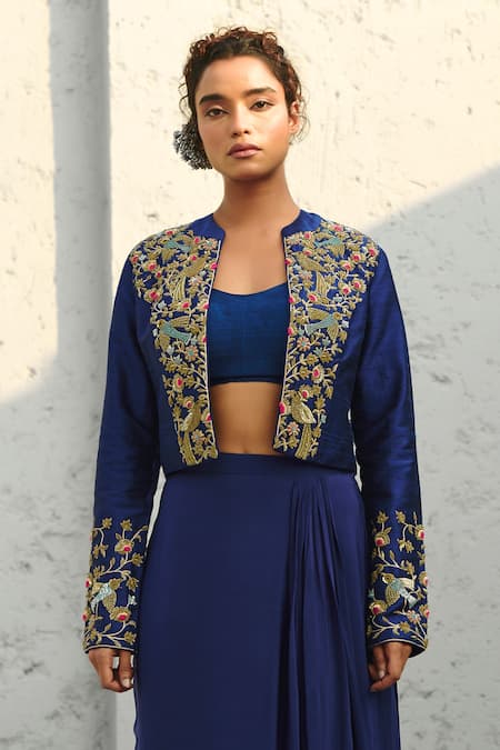 Shop Chamee And Palak Blue Silk, Crepe Embroidery, Zari Scoop Deep Resham Embellished Jacket Set Online at Aza Fashions Shop_Chamee And Palak_Blue Silk, Crepe Embroidery, Zari Scoop Deep Resham Embellished Jacket Set _Online_at_Aza_Fashions