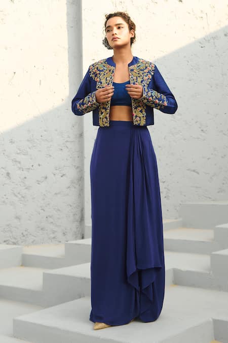 Chamee And Palak Blue Silk, Crepe Embroidery, Zari Scoop Deep Resham Embellished Jacket Set at Aza Fashions Chamee And Palak_Blue Silk, Crepe Embroidery, Zari Scoop Deep Resham Embellished Jacket Set _at_Aza_Fashions