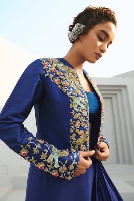 Buy Chamee And Palak Blue Silk, Crepe Embroidery, Zari Scoop Deep Resham Embellished Jacket Set Buy_Chamee And Palak_Blue Silk, Crepe Embroidery, Zari Scoop Deep Resham Embellished Jacket Set
