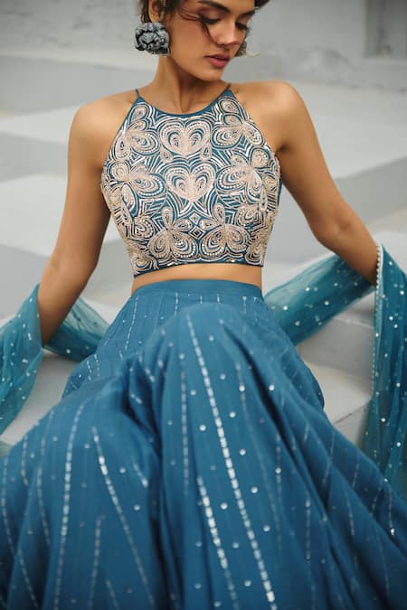 Chamee And Palak Blue Georgette, Net, Silk Beads, Sequins Halter Neck Embellished Lehenga Set Online at Aza Fashions Chamee And Palak_Blue Georgette, Net, Silk Beads, Sequins Halter Neck Embellished Lehenga Set _Online_at_Aza_Fashions