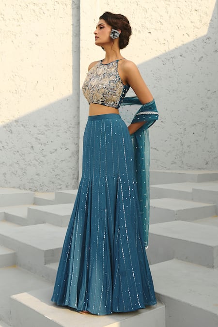 Shop Chamee And Palak Blue Georgette, Net, Silk Beads, Sequins Halter Neck Embellished Lehenga Set Online at Aza Fashions Shop_Chamee And Palak_Blue Georgette, Net, Silk Beads, Sequins Halter Neck Embellished Lehenga Set _Online_at_Aza_Fashions