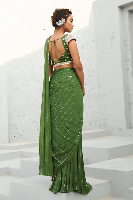 Chamee And Palak Multi Color Georgette, Silk Sequins, Stones, Basil Green Embellished Saree Set Online at Aza Fashions Chamee And Palak_Multi Color Georgette, Silk Sequins, Stones, Basil Green Embellished Saree Set _Online_at_Aza_Fashions