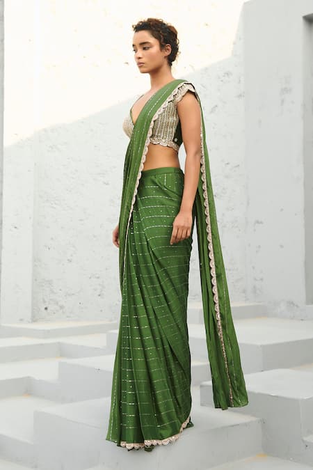 Shop Chamee And Palak Multi Color Georgette, Silk Sequins, Stones, Basil Green Embellished Saree Set Online at Aza Fashions Shop_Chamee And Palak_Multi Color Georgette, Silk Sequins, Stones, Basil Green Embellished Saree Set _Online_at_Aza_Fashions