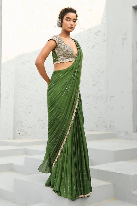 Chamee And Palak Multi Color Georgette, Silk Sequins, Stones, Basil Green Embellished Saree Set at Aza Fashions Chamee And Palak_Multi Color Georgette, Silk Sequins, Stones, Basil Green Embellished Saree Set _at_Aza_Fashions