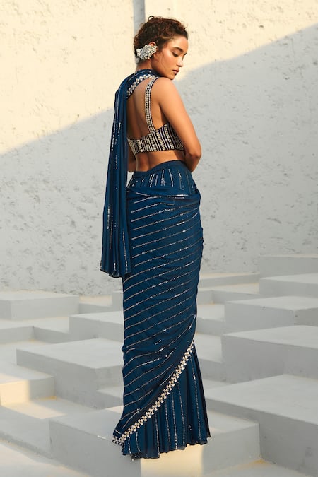 Chamee And Palak Blue Silk, Georgette Zari, Beads V-neck Embellished Pre-stitched Saree And Blouse Online at Aza Fashions Chamee And Palak_Blue Silk, Georgette Zari, Beads V-neck Embellished Pre-stitched Saree And Blouse _Online_at_Aza_Fashions