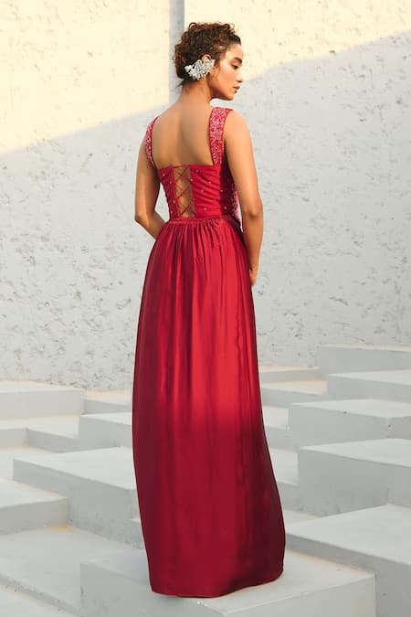 Chamee And Palak Deep Red Glass Bead Embroidered Corset & Skirt