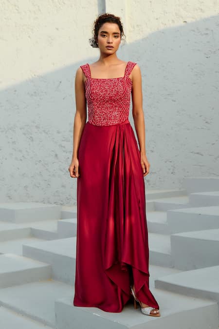 Buy Chamee And Palak Red Silk, Satin Beads Square Neck Deep Glass Embroidered Corset And Skirt Online at Aza Fashions Buy_Chamee And Palak_Red Silk, Satin Beads Square Neck Deep Glass Embroidered Corset And Skirt _Online_at_Aza_Fashions