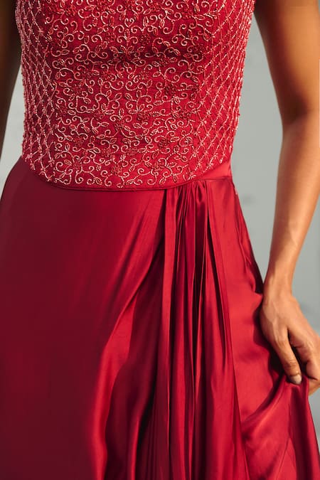 Chamee And Palak Red Silk, Satin Beads Square Neck Deep Glass Embroidered Corset And Skirt at Aza Fashions Chamee And Palak_Red Silk, Satin Beads Square Neck Deep Glass Embroidered Corset And Skirt _at_Aza_Fashions