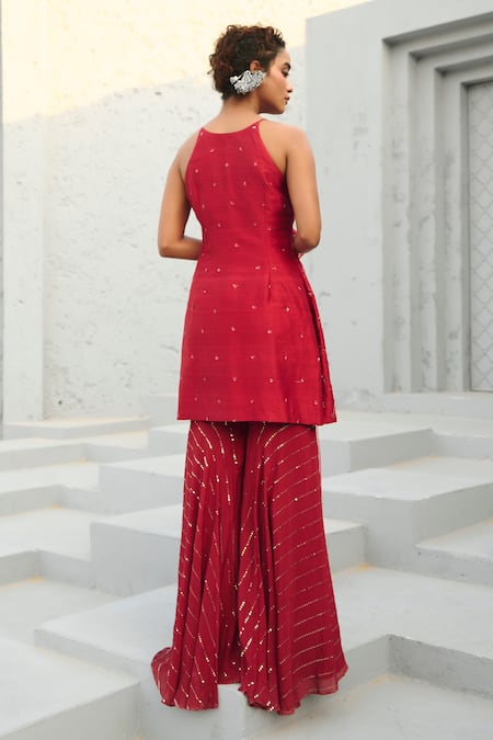 Chamee And Palak Red Georgette, Silk, Net Sequins, Beads Round Neck Embroidered Kurta Sharara Set Online at Aza Fashions Chamee And Palak_Red Georgette, Silk, Net Sequins, Beads Round Neck Embroidered Kurta Sharara Set _Online_at_Aza_Fashions