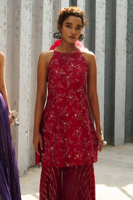 Buy Chamee And Palak Red Georgette, Silk, Net Sequins, Beads Round Neck Embroidered Kurta Sharara Set Online at Aza Fashions Buy_Chamee And Palak_Red Georgette, Silk, Net Sequins, Beads Round Neck Embroidered Kurta Sharara Set _Online_at_Aza_Fashions